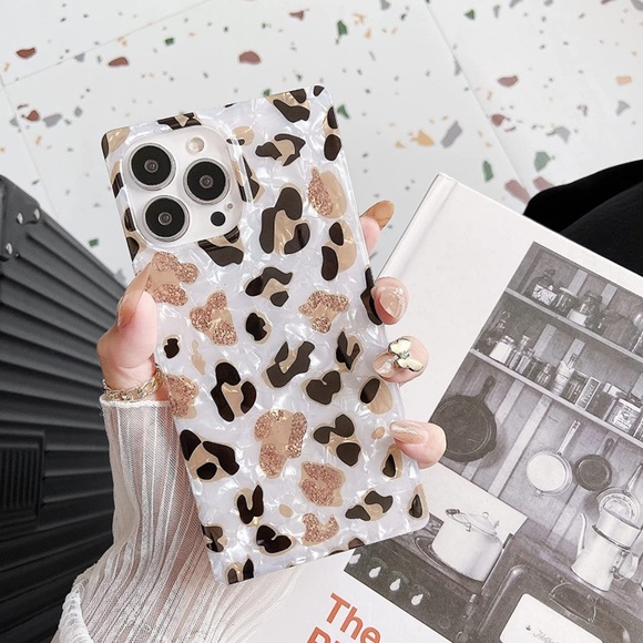 Black Pearl Rose Gold Glitter Cheetah Leopard Square iPhone 12 13 PRO MAX Case - Picture 5 of 10